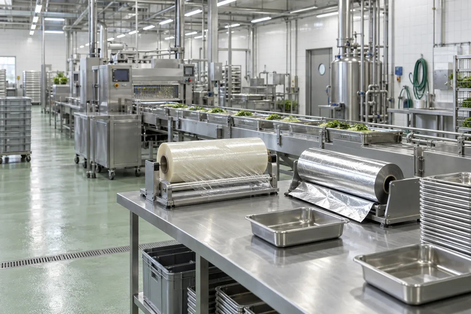 Madfilm og aluminiumfolie ved en pakkelinje i industriel fødevareproduktion, illustrativt billede