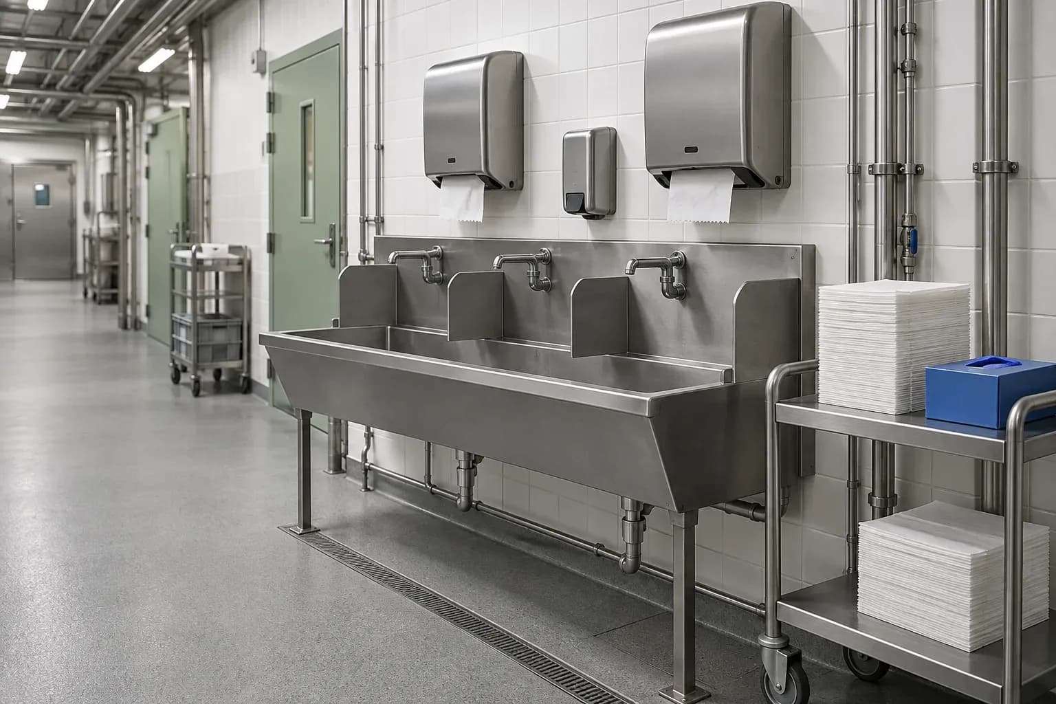 Professionel vaskestation med papirdispensere og nitrilhandsker, illustrativt billede